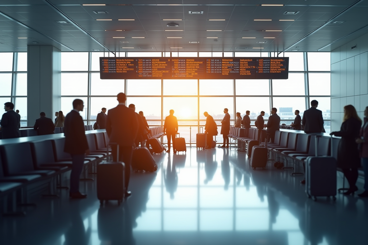 Zone d'enregistrement aéroport moderne avec voyageurs et agents