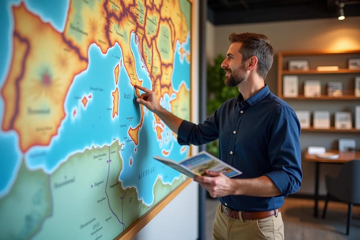 Homme consultant une carte méditerranéenne dans une agence de voyage avec guide saisonnier