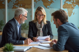Agent de voyage professionnelle en réunion avec un couple
