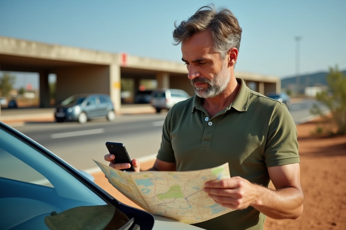Homme consultant une carte routière et son téléphone dans une aire de repos d'autoroute espagnole