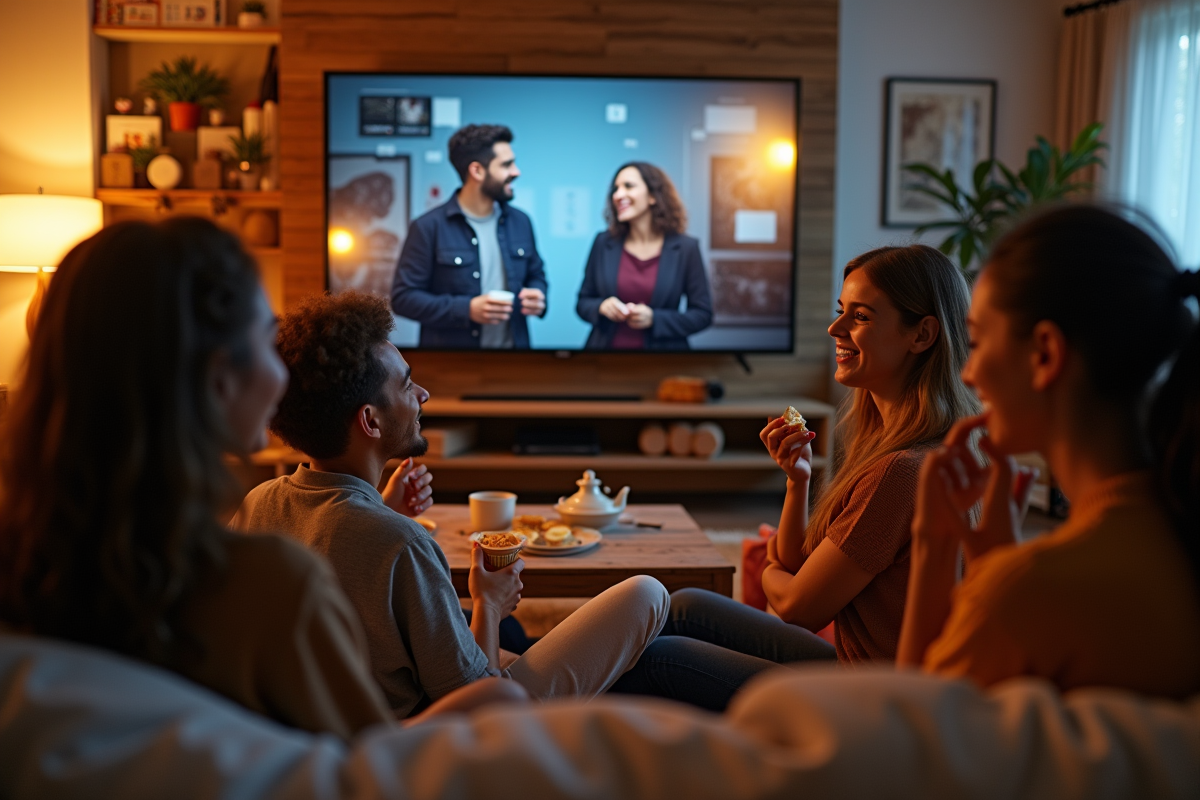 Groupe d'amis regardant une série télé dans un salon convivial