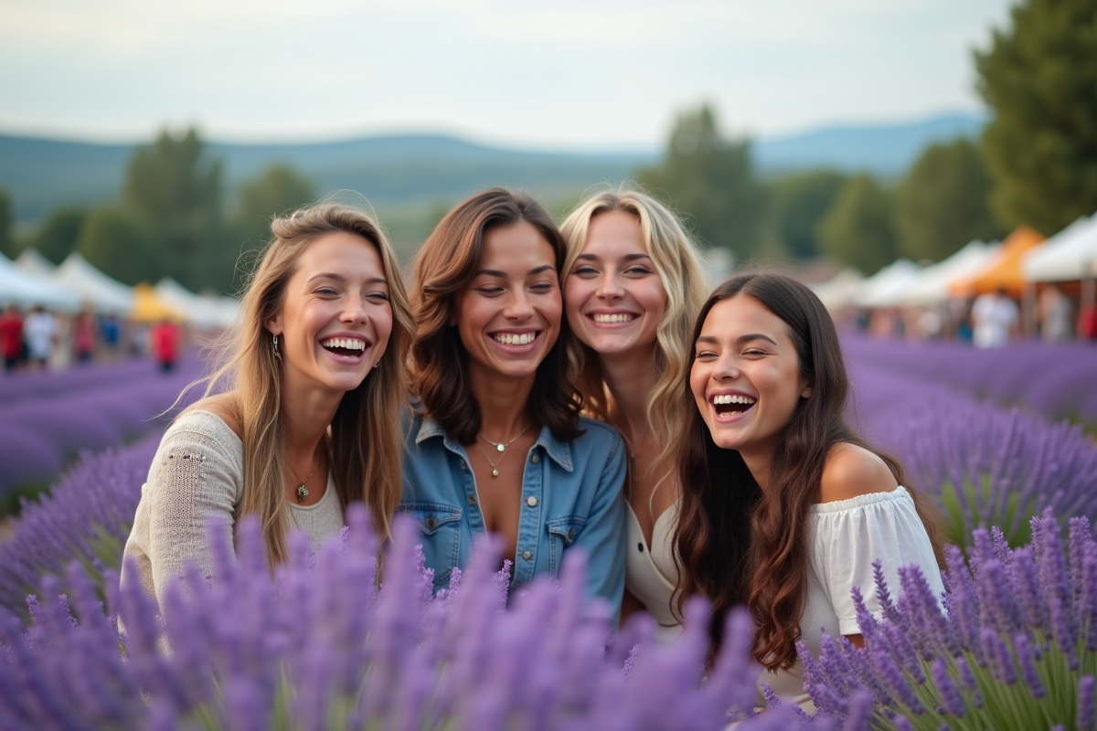 Groupe d'amis en fête dans les champs de lavande de Provence