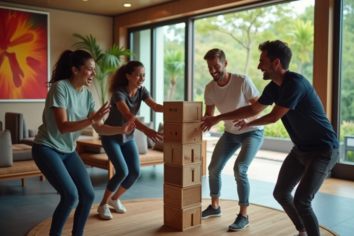 Amis jouant &agrave; un jeu de soci&eacute;t&eacute; dans un salon moderne