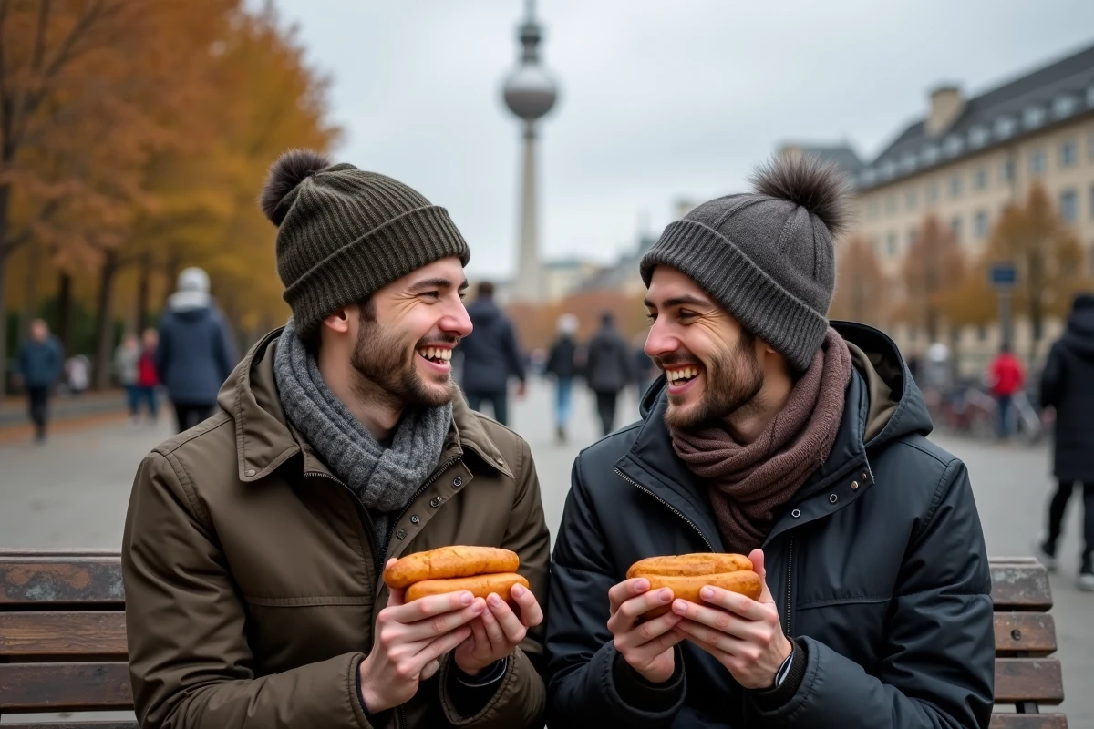 Deux amis rient en partageant un currywurst à Berlin