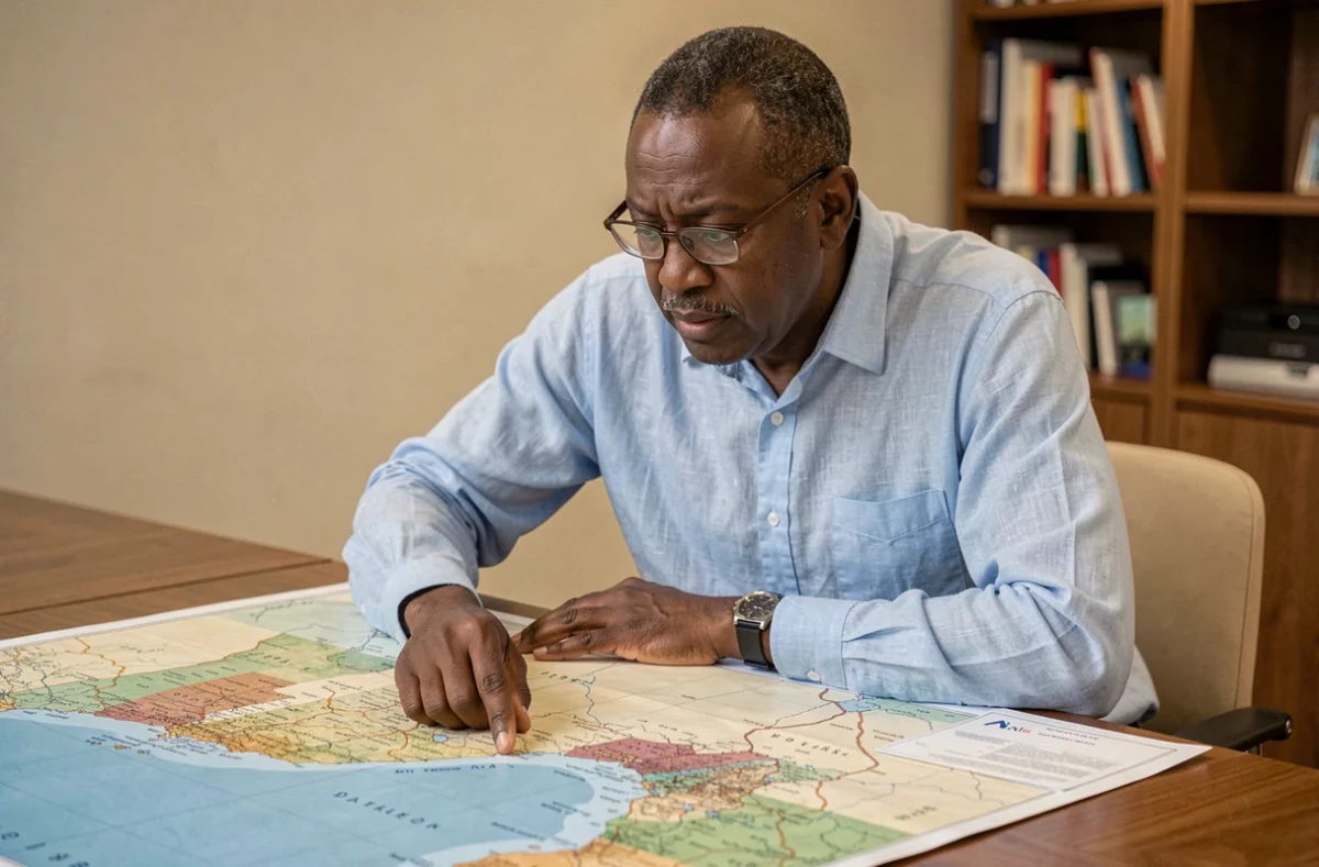 Homme d'affaires africain analysant une carte géographique de l'Afrique de l'Ouest pointant la région du Sénégal
