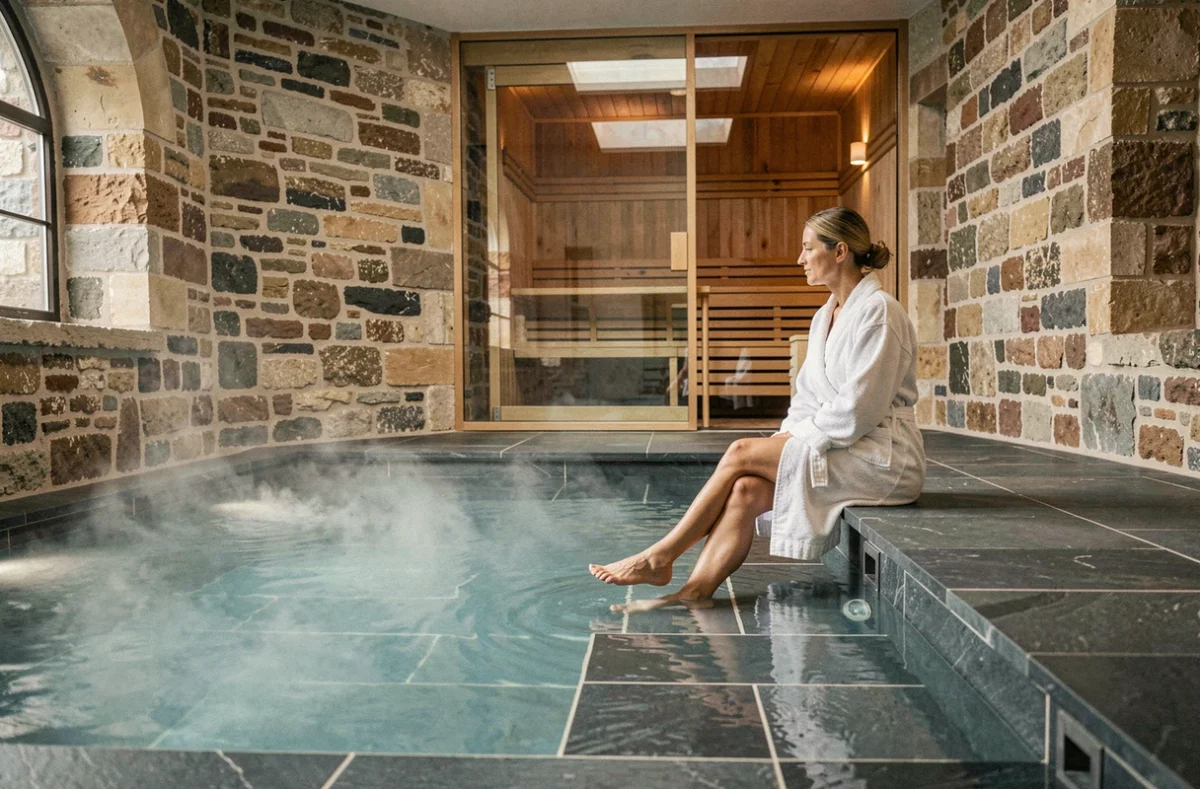 Piscine intérieure chauffée de l'Antares et Spa à Honfleur avec murs en pierre et carrelage ardoise dans une atmosphère cosy de spa