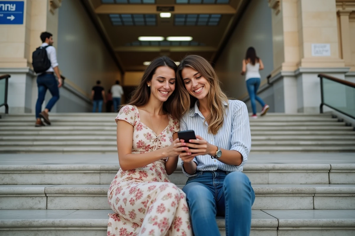 Deux femmes utilisant une application de traduction sur smartphone à l'entrée du métro d'Athènes, illustrant comment la technologie aide à surmonter la barrière du grec