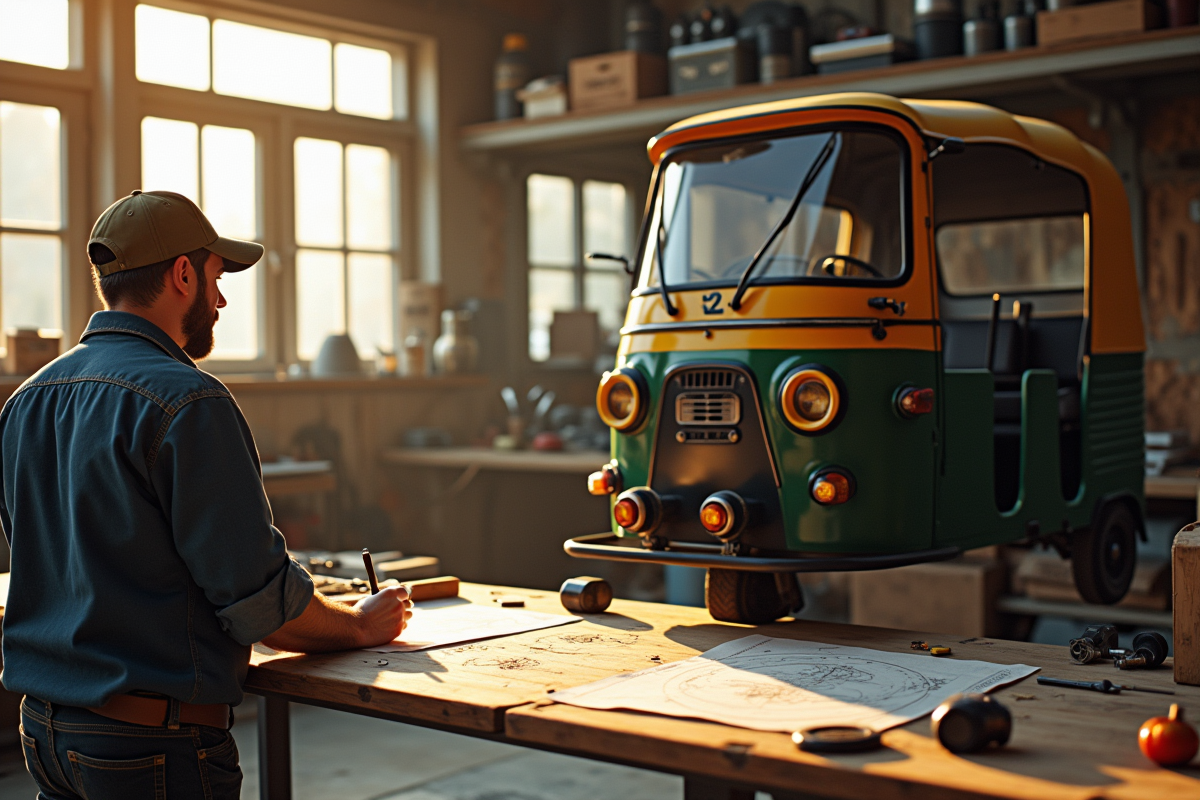 Inventeur esquissant un plan dans un atelier avec un tuktuk vintage
