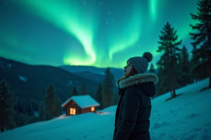 Jeune femme regardant les aurores en Finlande enneig&eacute;e
