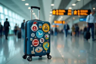 Valise rigide couverte d'autocollants de voyage usés à l'aéroport, montrant la résistance des matières selon les conditions de vol
