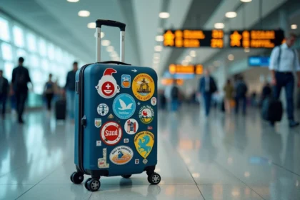 Valise rigide couverte d'autocollants de voyage usés à l'aéroport, montrant la résistance des matières selon les conditions de vol