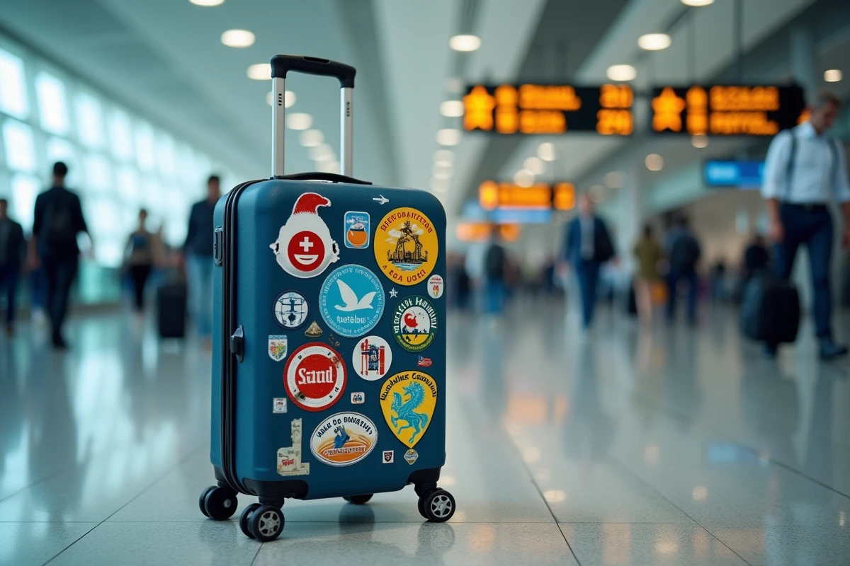 Valise rigide couverte d'autocollants de voyage usés à l'aéroport, montrant la résistance des matières selon les conditions de vol
