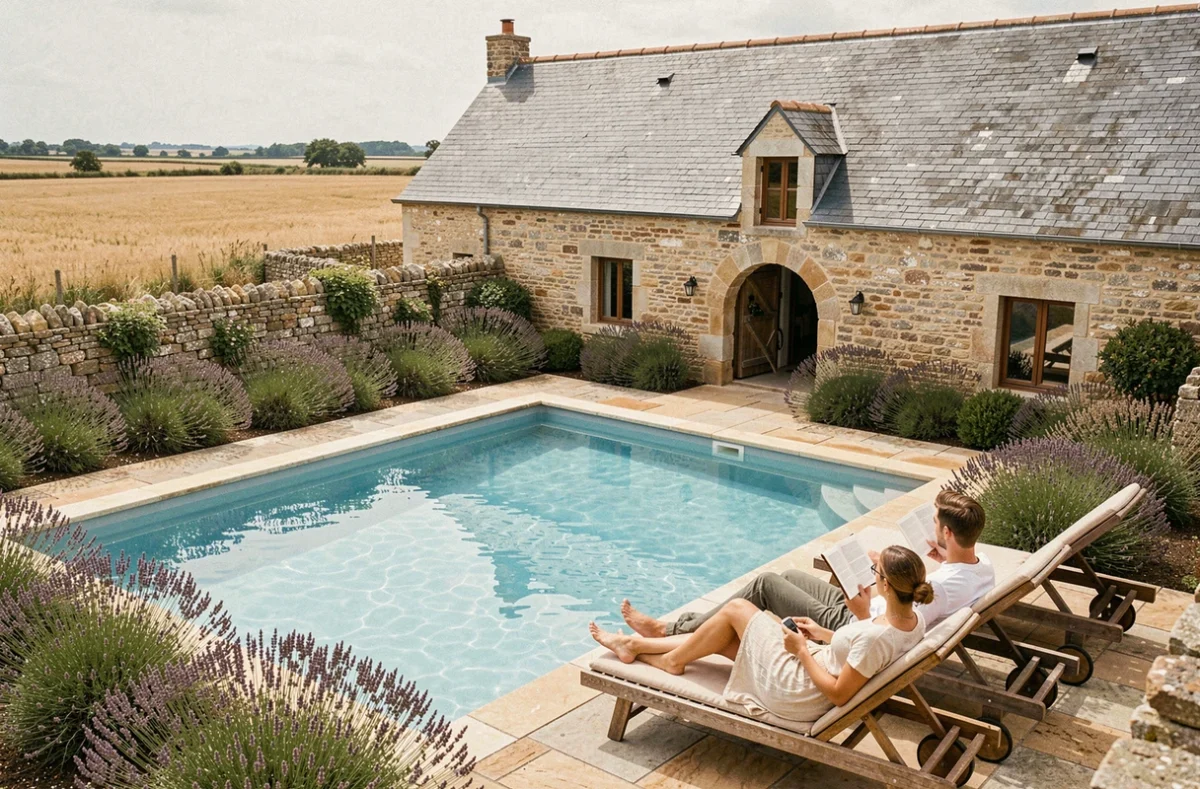 Gîte Aux Greniers à Rêves à Plestan avec piscine extérieure bordée de lavande et murs en granit breton