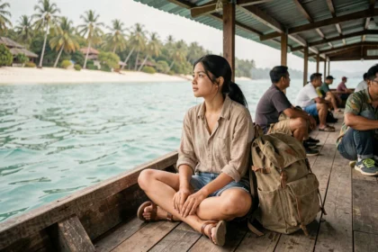 Backpacker en transit en bateau traditionnel entre Gili Air et Gili Trawangan en Indonésie