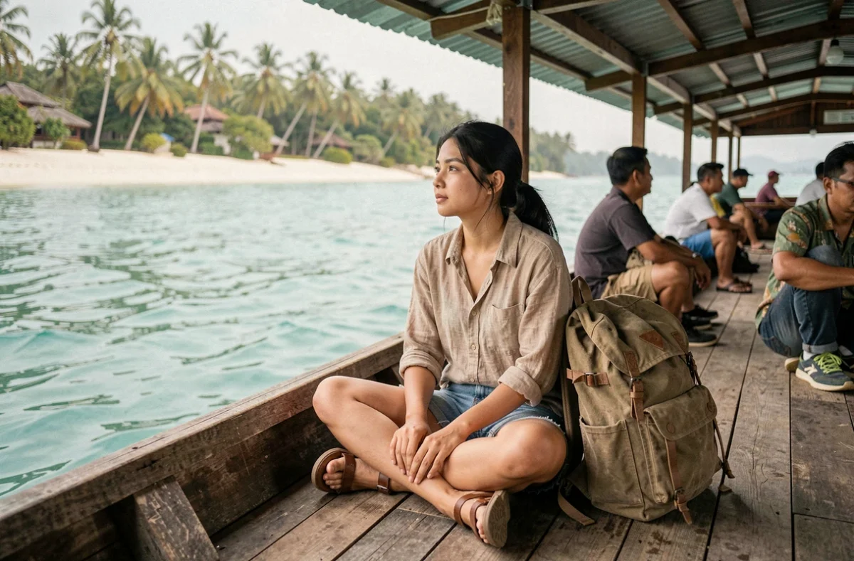 Backpacker en transit en bateau traditionnel entre Gili Air et Gili Trawangan en Indonésie