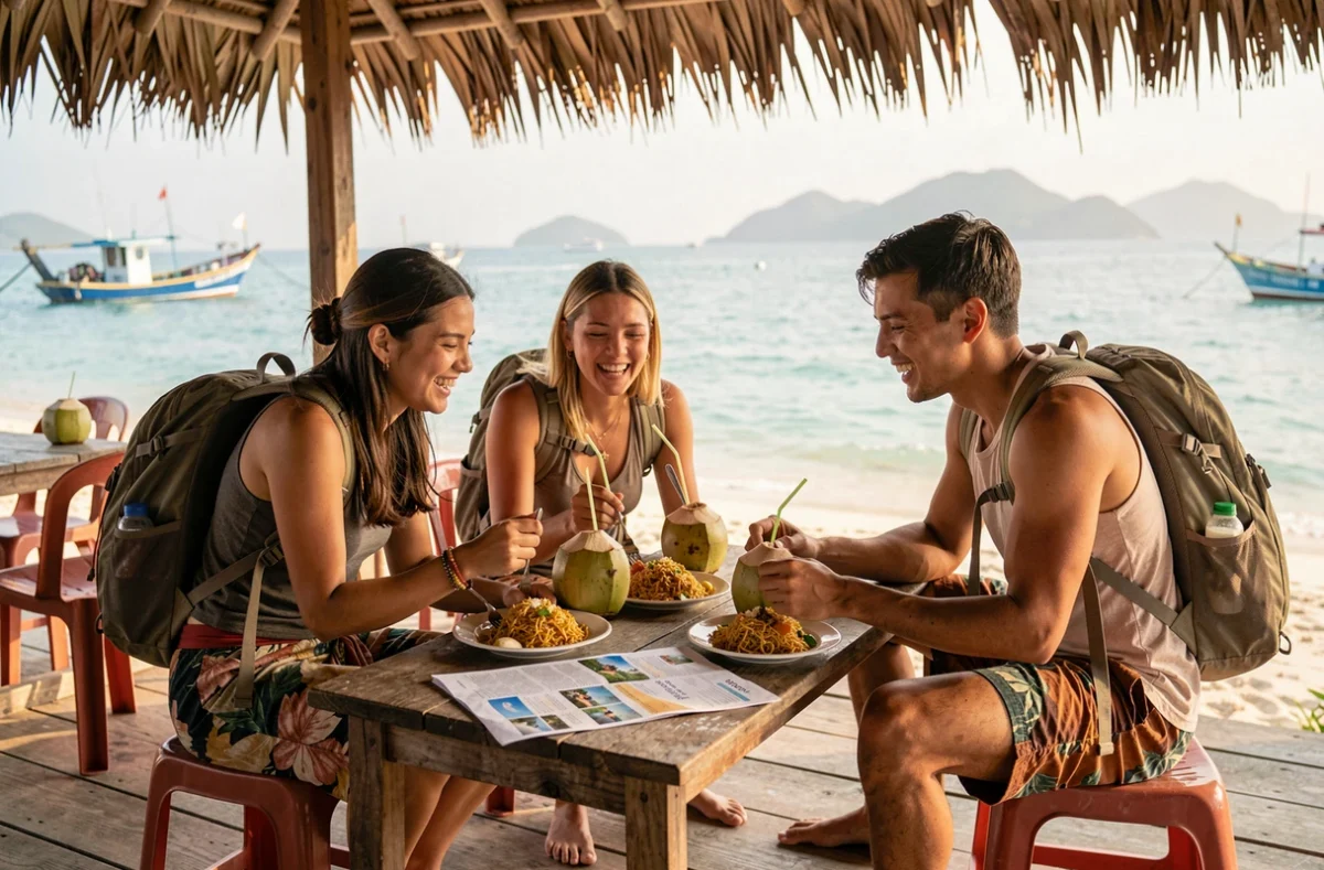 Groupe de backpackers partageant un repas dans un warung de bord de mer à Gili Air