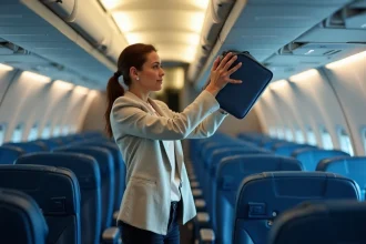 Femme rangeant un bagage à main dans le compartiment supérieur d'un avion Volotea