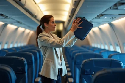Femme rangeant un bagage à main dans le compartiment supérieur d'un avion Volotea