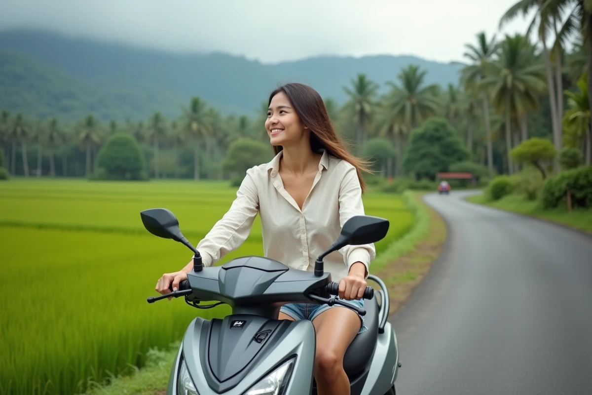 Femme en scooter dans la campagne balinaise