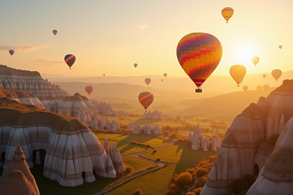 Montgolfières colorées survolant les formations rocheuses en Cappadoce