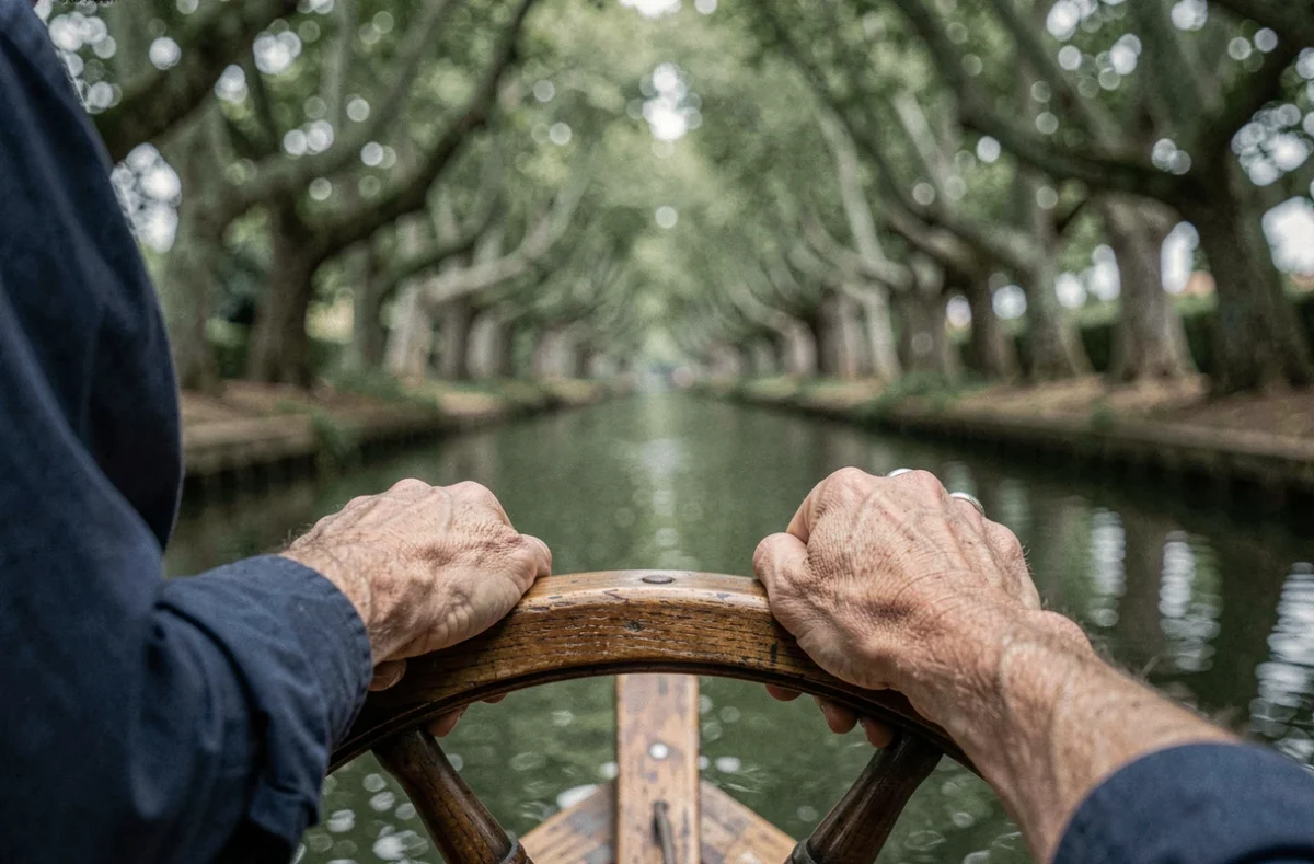 Mains tenant la barre d'une pénichette naviguant sous les platanes du Canal du Midi