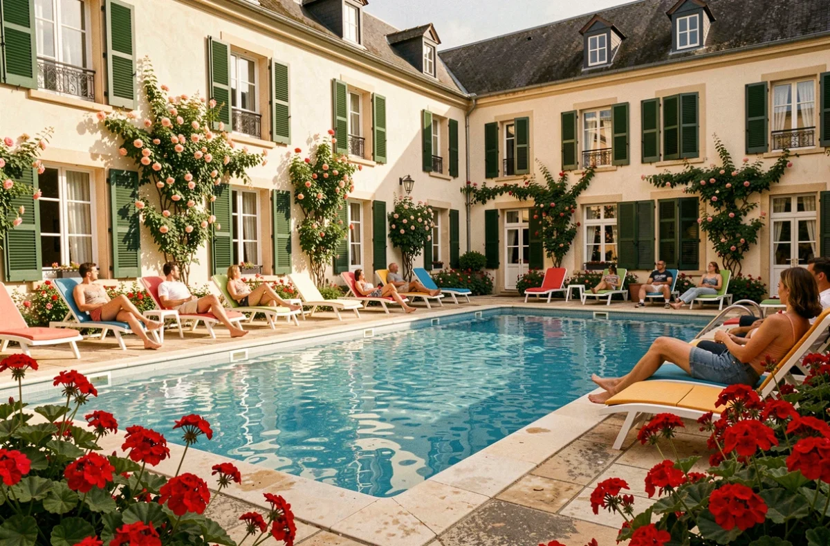 Piscine extérieure du Best Western Plus Hostellerie Du Vallon entourée de jardins fleuris avec géraniums et la façade de l'hôtel