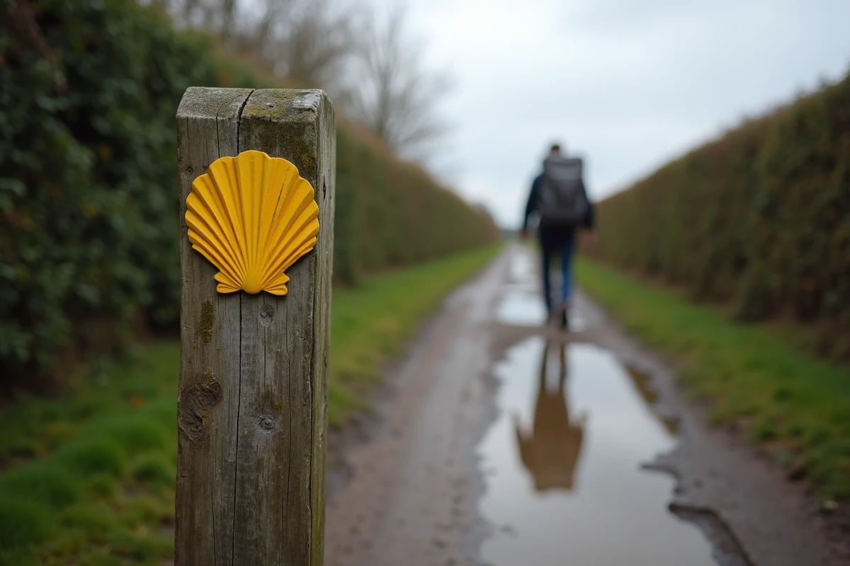 Borne balisée coquille Saint-Jacques sur le sentier de Compostelle en Normandie avec pèlerin en arrière-plan