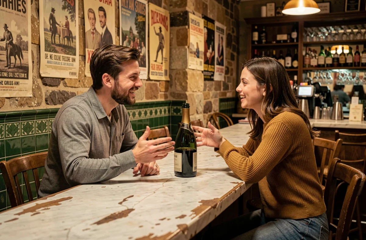 Deux amis attablés tard le soir dans un bouchon lyonnais typique, partageant un verre de beaujolais dans une ambiance chaleureuse et authentique