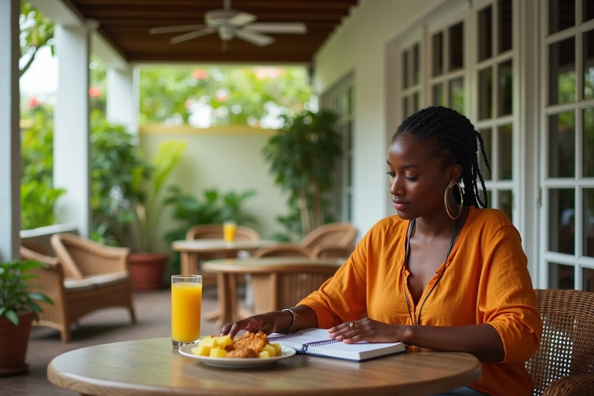Jeune femme planifiant son budget voyage devant un petit-déjeuner traditionnel jamaïcain sur une terrasse de guesthouse à Kingston