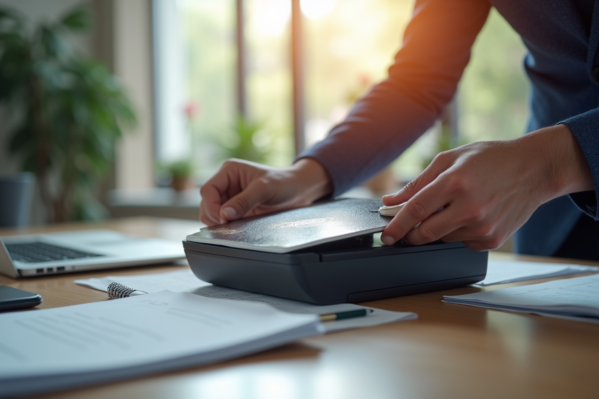 Bureau moderne avec scanner et passeport en préparation