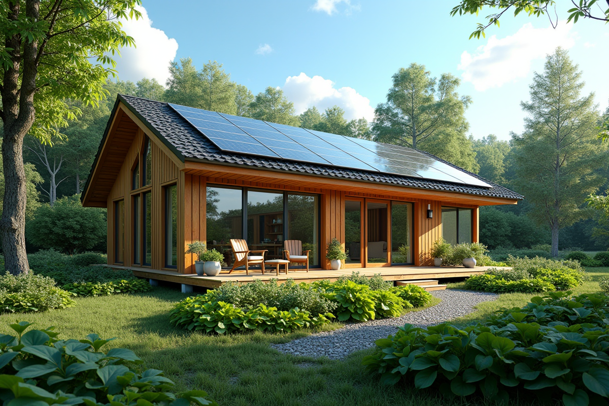 Cabane écologique en bois dans une forêt verdoyante avec panneaux solaires