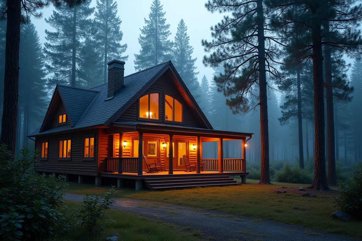 Cabane en bois dans la forêt avec lumières chaleureuses