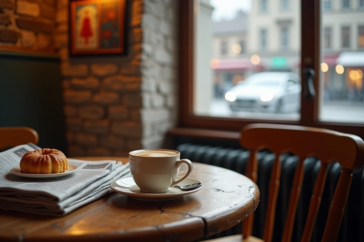 Tasse de café et pâtisserie potica dans un café traditionnel de Ljubljana en basse saison, atmosphère authentique et locale