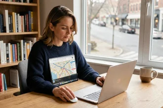 Femme consultant un itinéraire ViaMichelin sur son ordinateur portable dans un bureau à domicile moderne