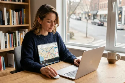 Femme consultant un itinéraire ViaMichelin sur son ordinateur portable dans un bureau à domicile moderne