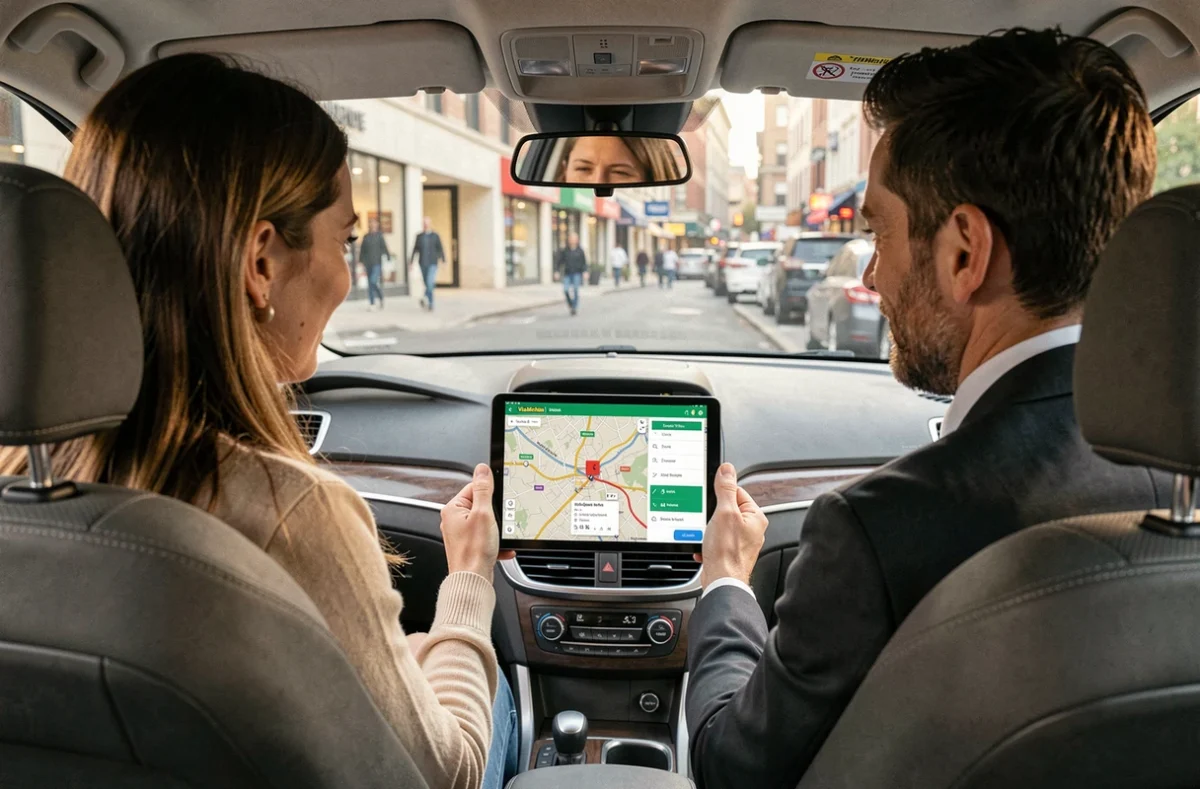 Couple dans une voiture consultant un itinéraire sur tablette avant de prendre la route en ville