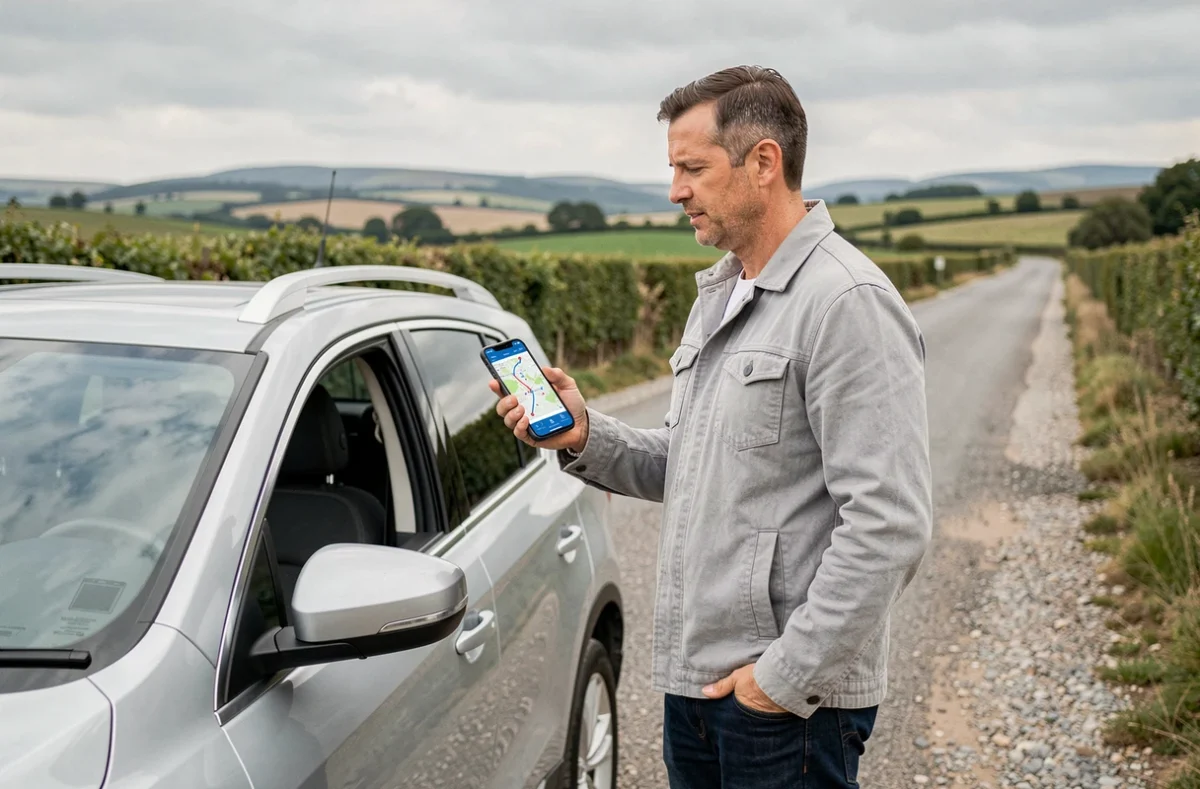 Homme consultant un itinéraire GPS sur smartphone au bord d'une route de campagne à côté d'un SUV