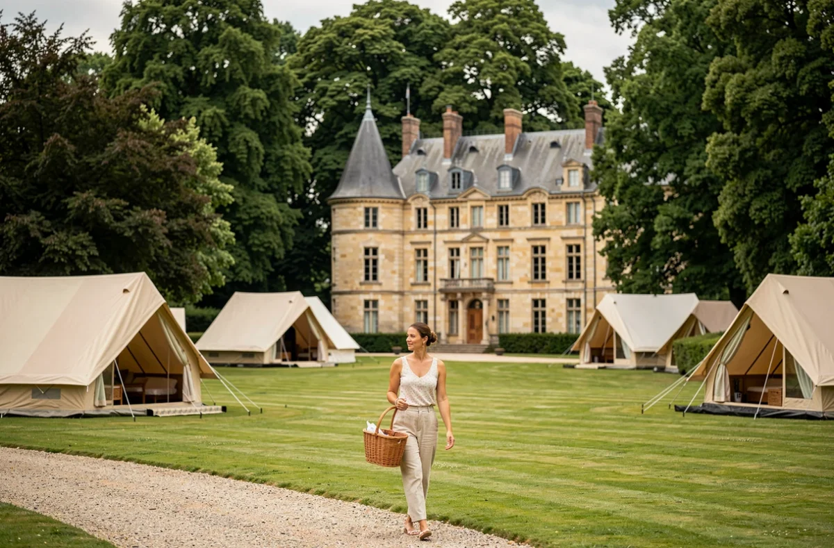 Camping Château du Gandspette avec manoir en pierre du XIXe siècle et tentes de glamping sur pelouse