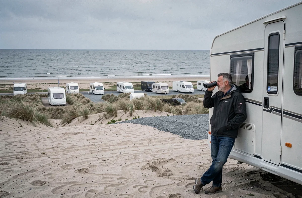 Camping De la Plage à Marck avec camping-cars face à la mer du Nord et paysage côtier plat