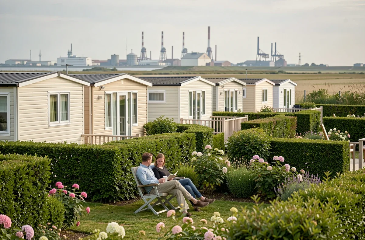 Camping La Licorne à Dunkerque avec mobil-homes modernes et végétation soignée