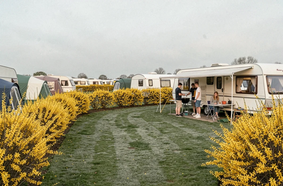 Camping Les Cytises à Isques avec genêts en fleurs jaunes bordant les emplacements