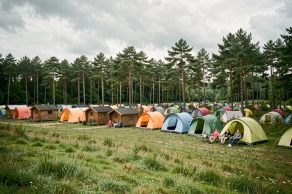 Vue d'ensemble d'un camping dans le Nord de la France avec tentes colorées et chalets en bois sous des pins