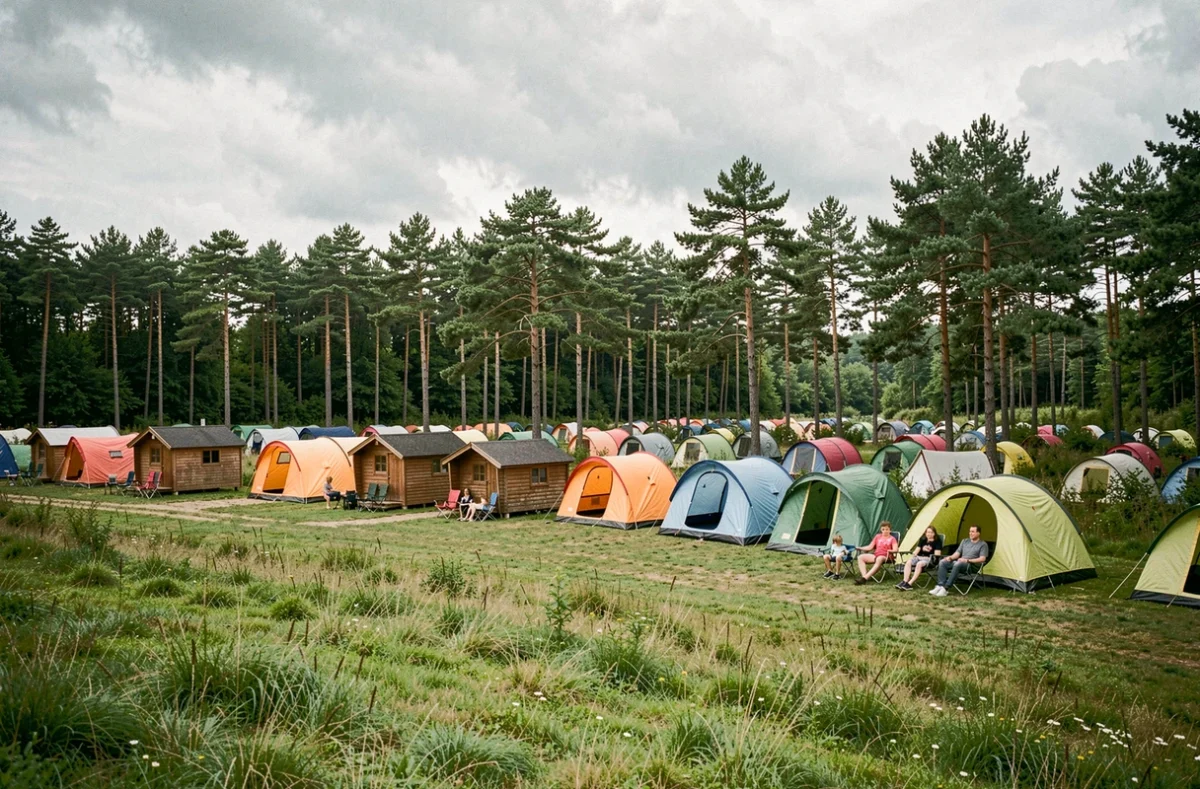 Vue d'ensemble d'un camping dans le Nord de la France avec tentes colorées et chalets en bois sous des pins
