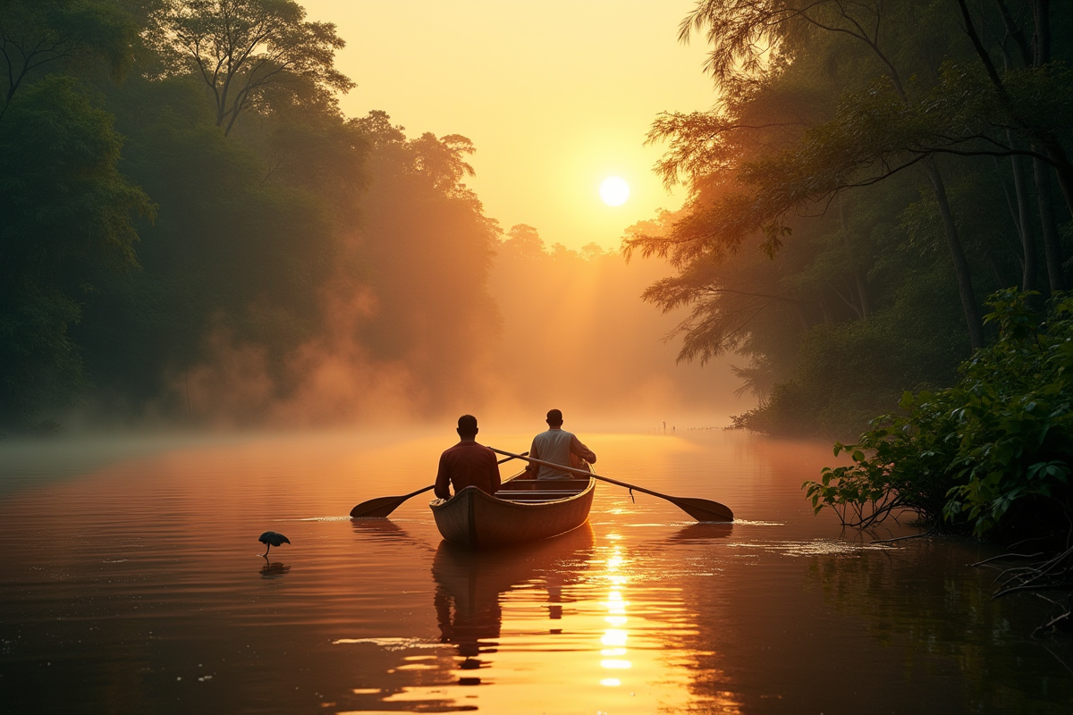 Canot en bois glissant sur l Amazon au lever du soleil