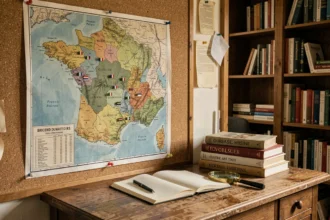 Grande carte murale vintage des territoires français d'outre-mer épinglée sur un tableau en liège avec des drapeaux de repère colorés, bureau académique avec loupe et carnet de notes