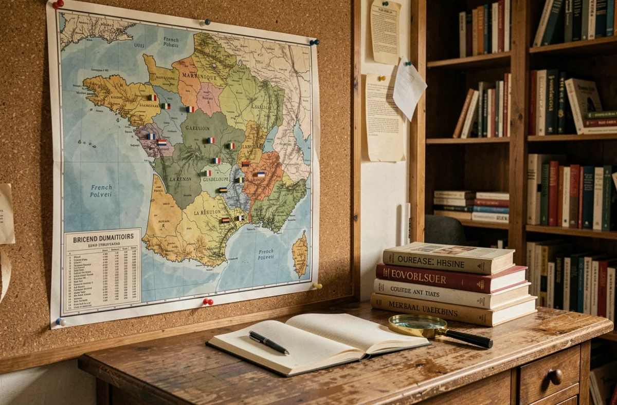 Grande carte murale vintage des territoires français d'outre-mer épinglée sur un tableau en liège avec des drapeaux de repère colorés, bureau académique avec loupe et carnet de notes