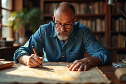 Cartographe homme esquissant cartes en bureau ancien