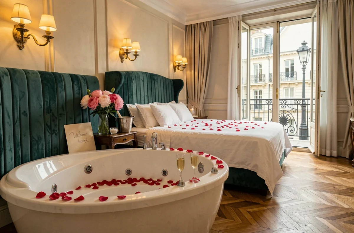 Chambre d'hôtel romantique à Paris avec jacuzzi, pétales de roses et champagne