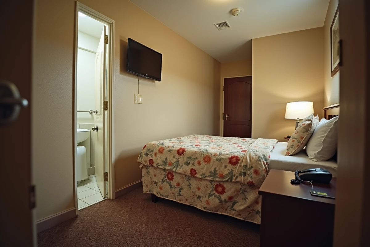 Chambre intérieure de motel avec lit double, télévision et décor fonctionnel typique d'un hébergement économique