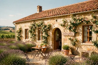 Facade pittoresque d'une chambre d'hôtes en pierre en Occitanie avec cour ensoleillée, lavande et tuiles en terre cuite